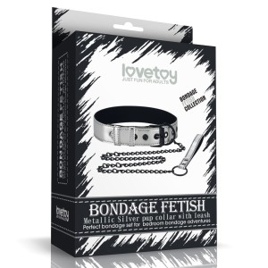 Lovetoy FETISH METALLIC PUP COLLAR WITH LEASH  silver collar with leash BDSM