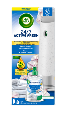 Air Wick Active Fresh Automatic air freshener with water-based formula and Fresh Laundry & White Orchid refill 228 ml